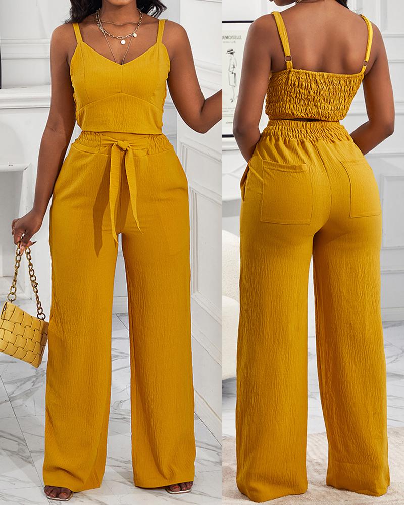 Shirred Crop Top & Pocket Design Wide Leg Pants Set