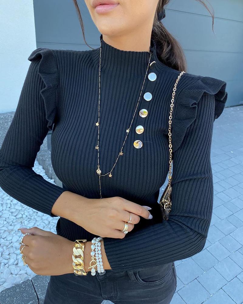 Buttoned Frill Hem Long Sleeve Knit Sweater