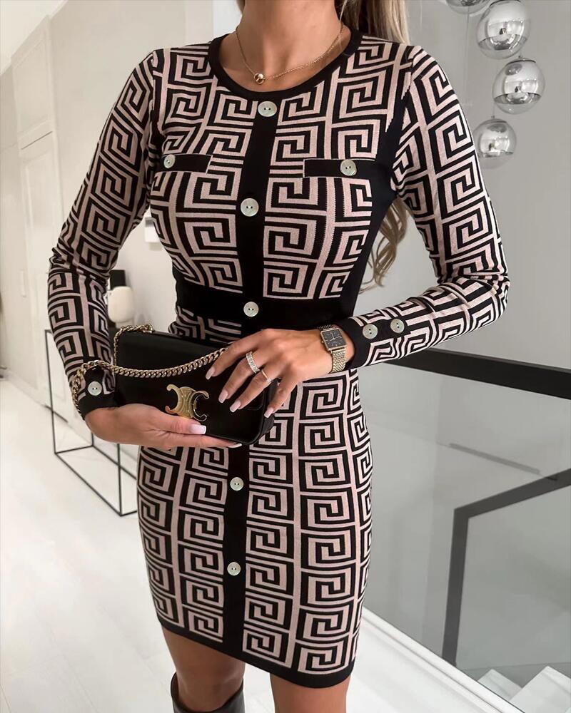 Geometric Print Long Sleeve Work Dress