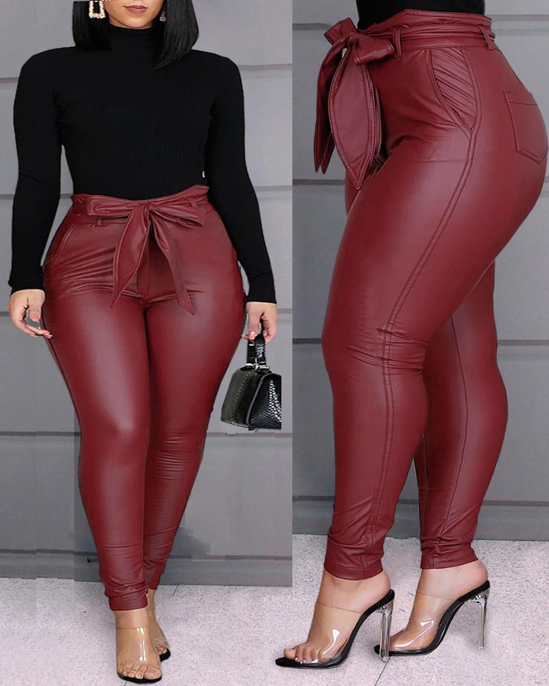 Plus Size Tied Detail Pocket Design PU Leather Pants