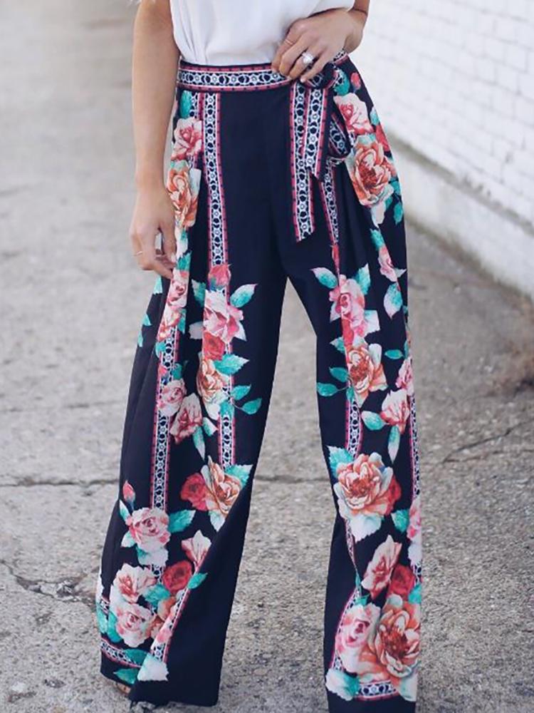 Boho Style Print Wide Leg Belted Pants