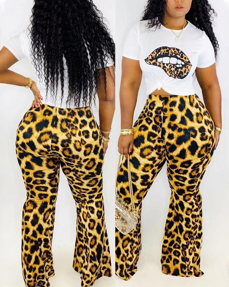 Plus Size Leopard Lip Print Casual Top & Flared Pants Set