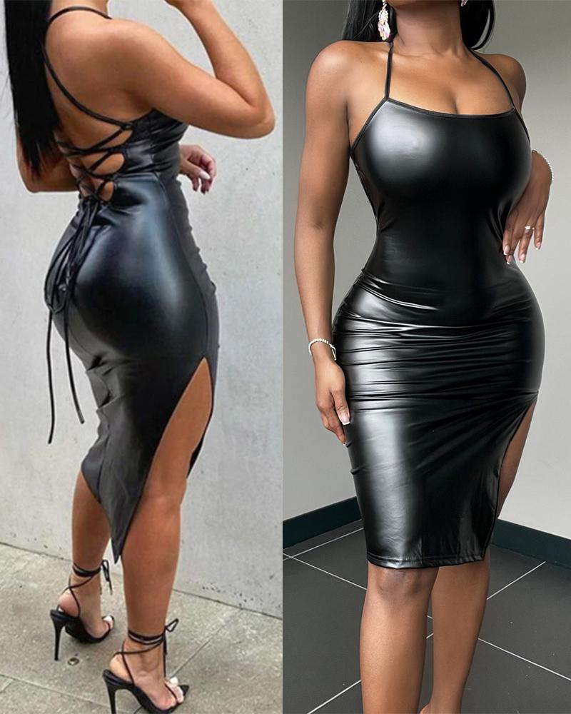 Bodycon Dresses Backless Slit PU Leather Bodycon Dress