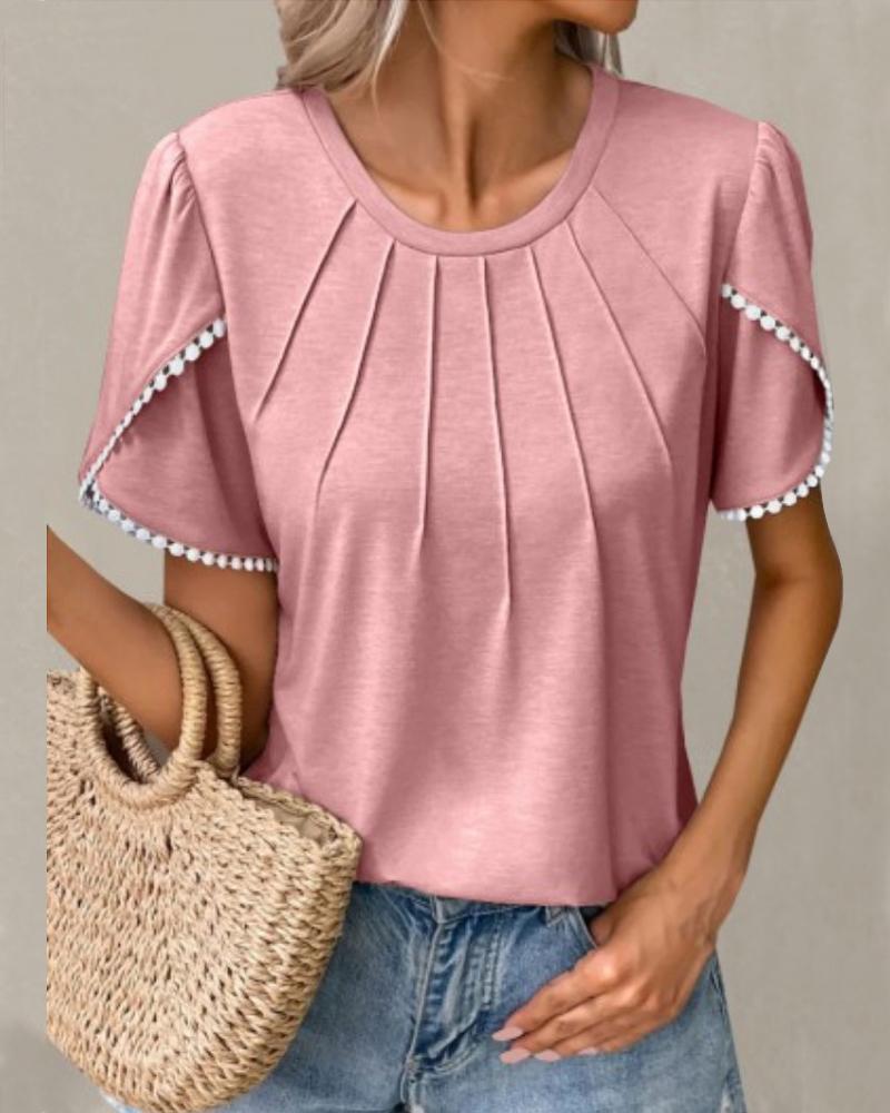Pom Pom Ruched Round Neck Top
