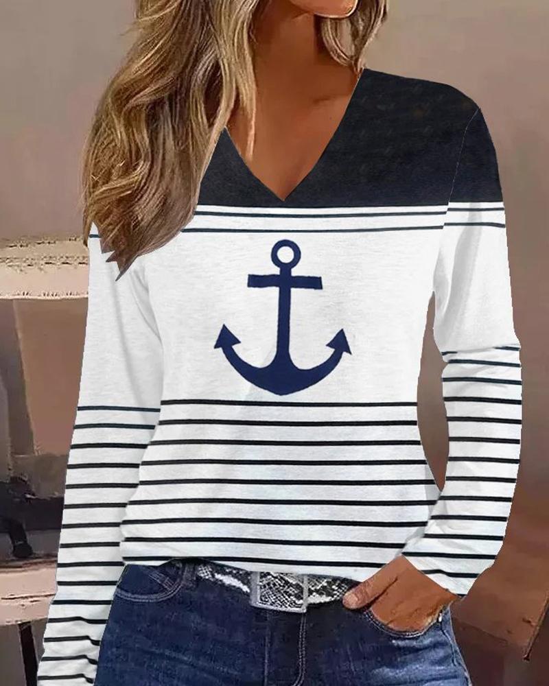 Anchor Print Striped Colorblock V-Neck Long Sleeve Top