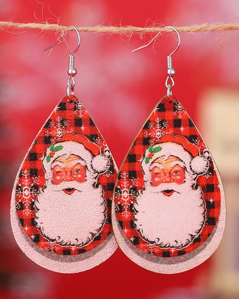 1Pair Christmas Santa Claus Plaid Waterdrop Hook Earrings