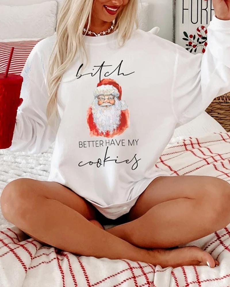 Christmas Santa Claus Letter Print Waffle Knit Sweatshirt