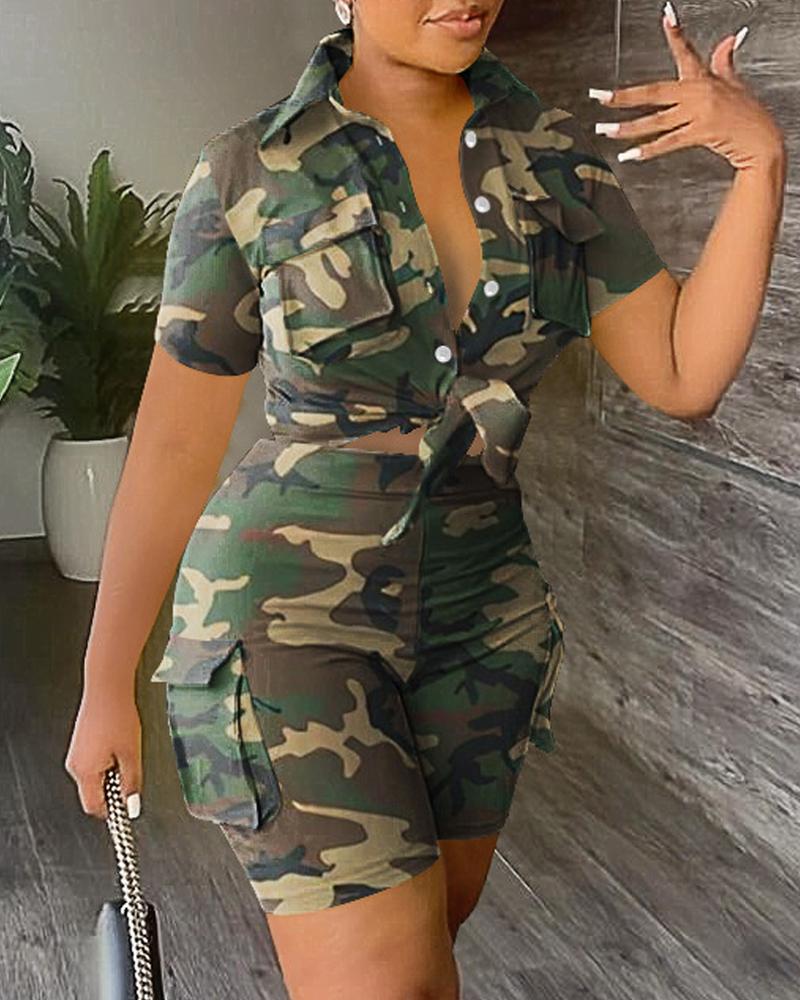 Camouflage Print Pocket Design Top & Shorts Set