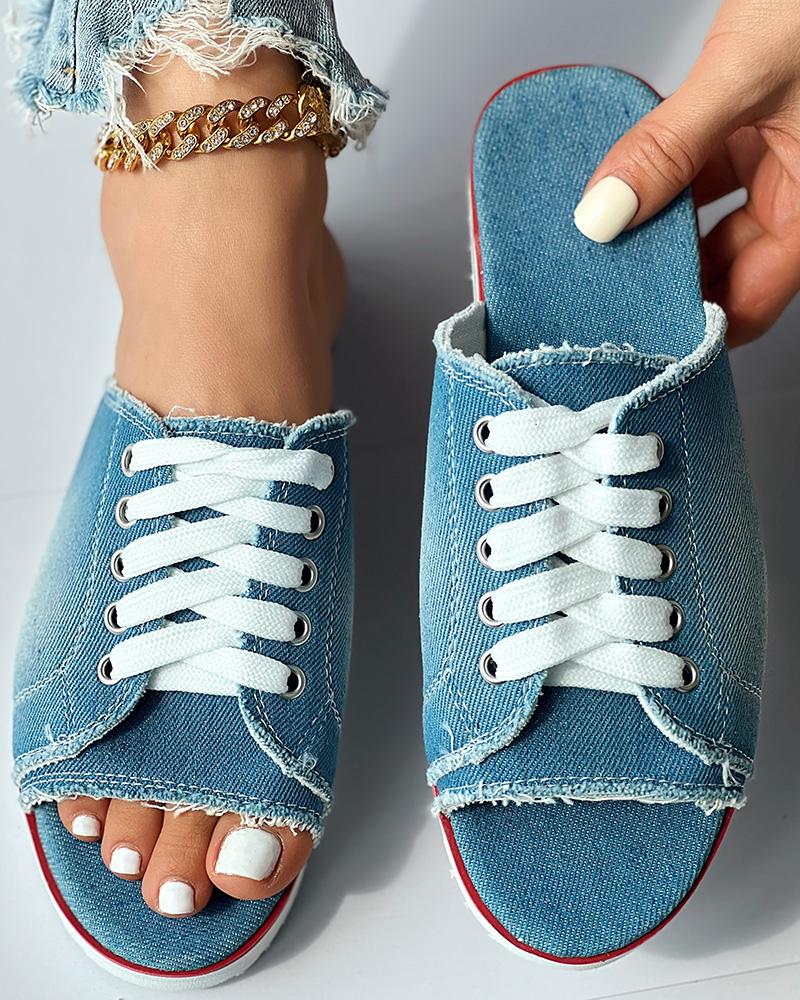 Eyelet Lace-up Peep Toe Fringe Hem Slippers