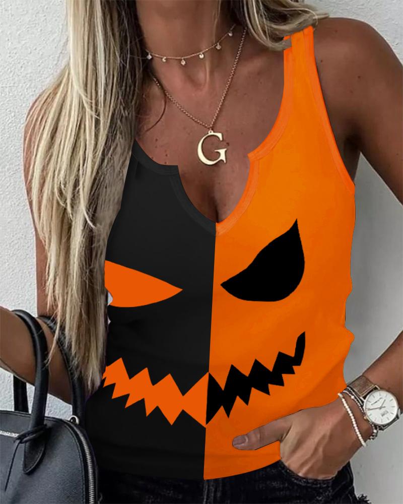 Colorblock Pumpkin Scary Face Print Tank Top