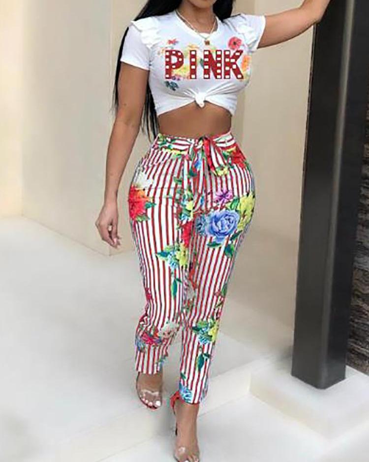 Floral Letter Print Striped Tied Waist Pants Set