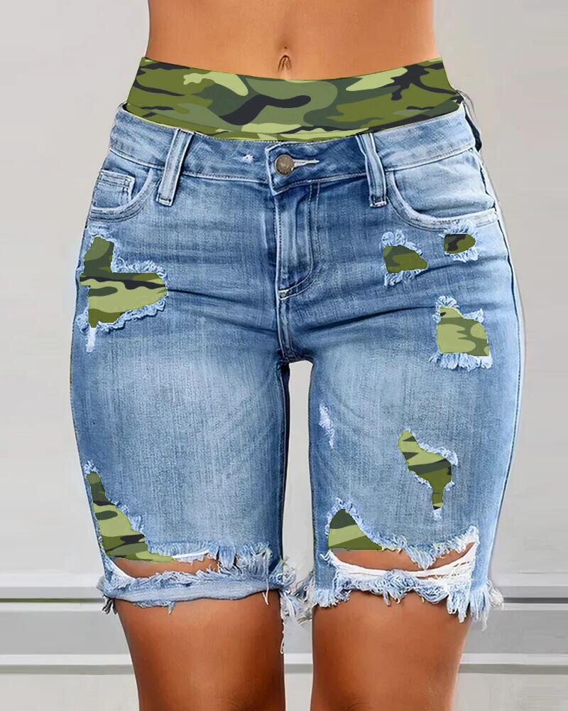 Camouflage Print Ripped 2-In-1 Denim Shorts