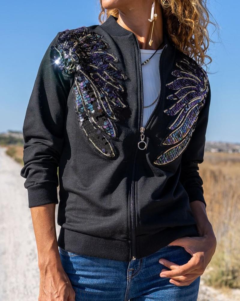 Long Sleeve Zipper Design Sequin Wings Baseball Jacket