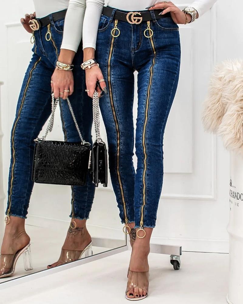  O-Ring Zipper Decor Skinny Jeans