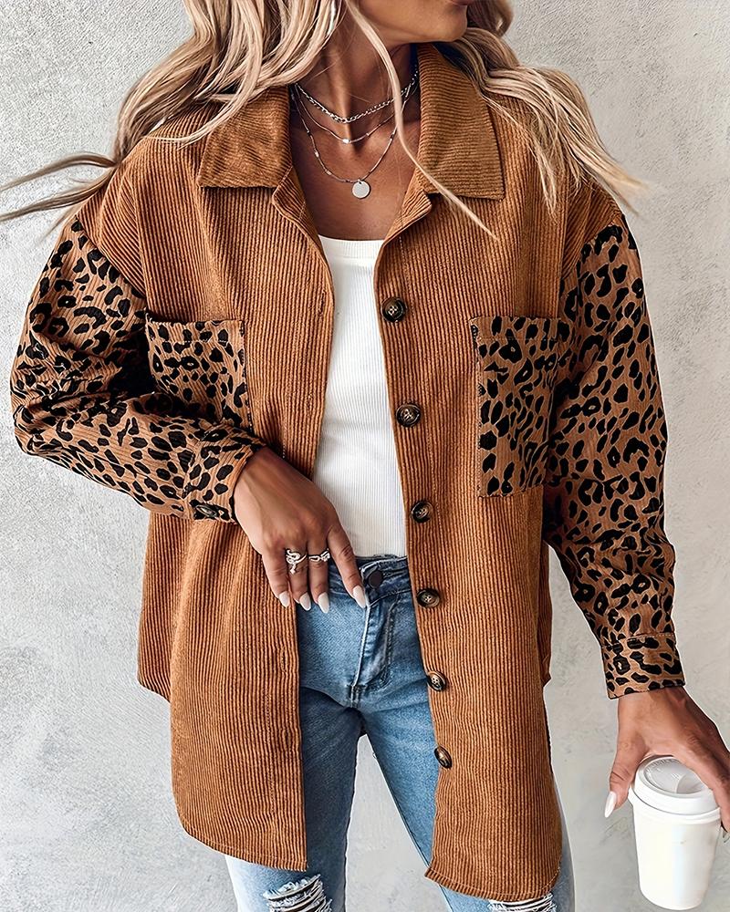 Leopard Print Pocket Design Corduroy Shacket