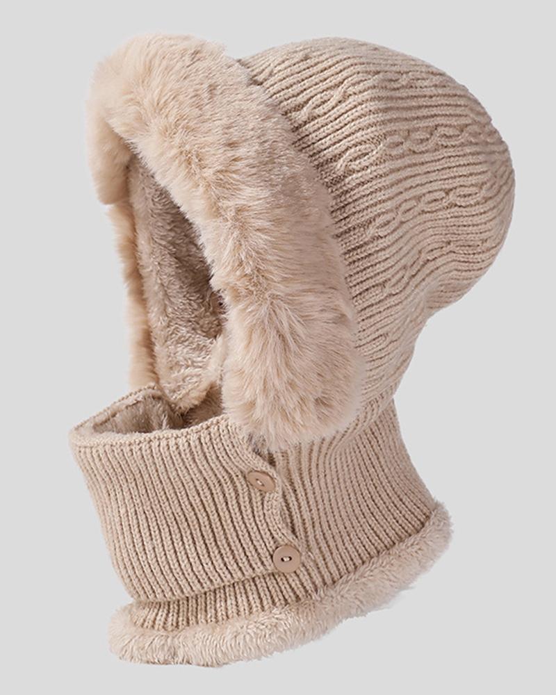 Fuzzy Winter Warm Cable Knit One-Piece Mask Scarf Beanie Hat