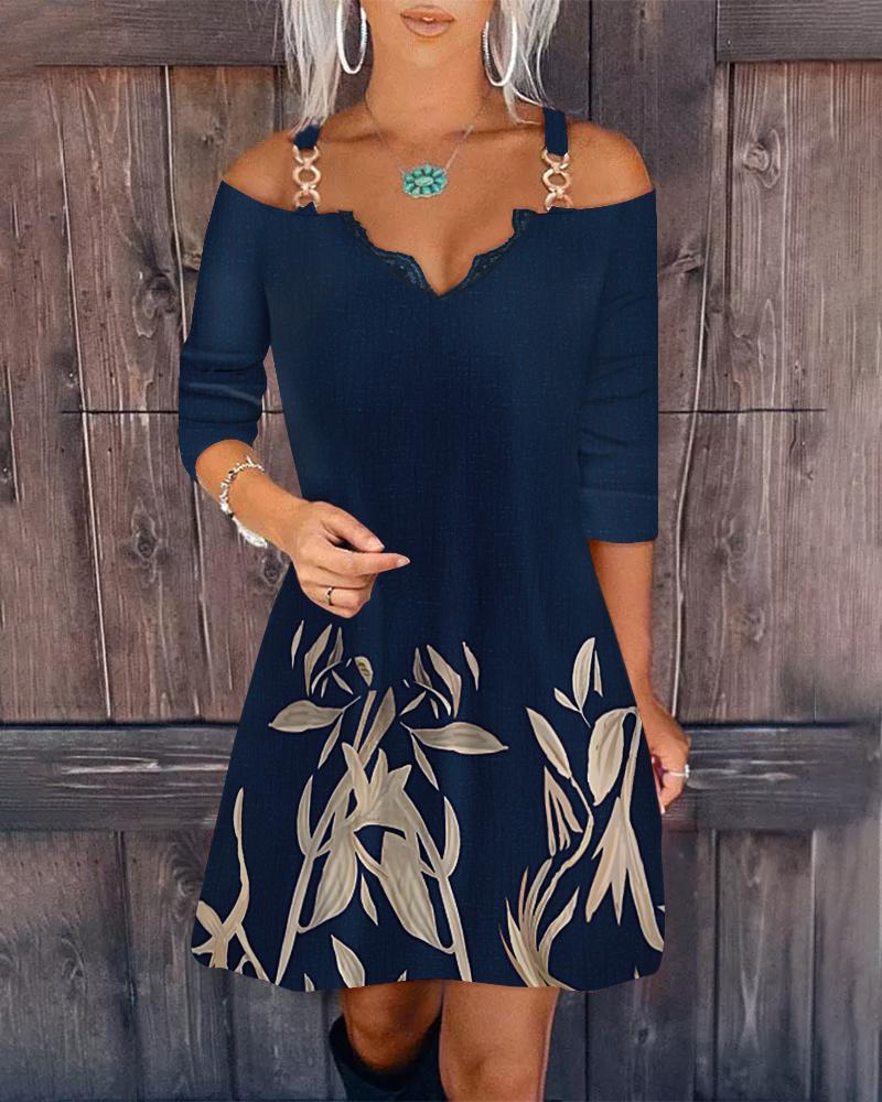 Plants Print Cold Shoulder Casual Dress