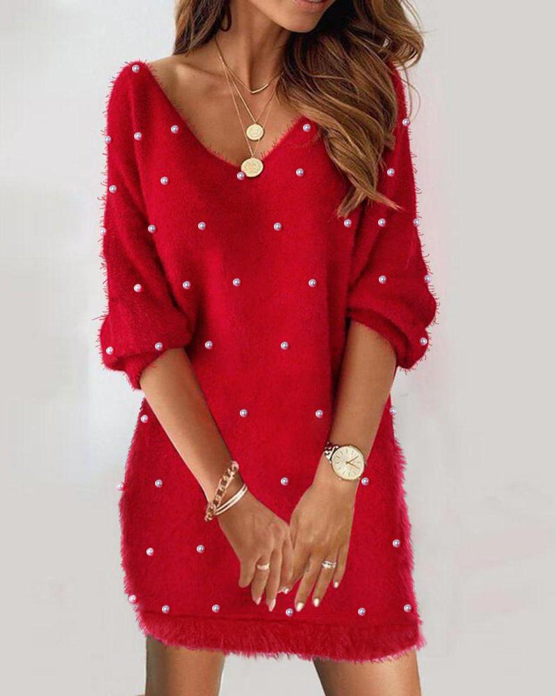 Pearls Decor V-Neck Half Sleeve Fuzzy Casual Dress