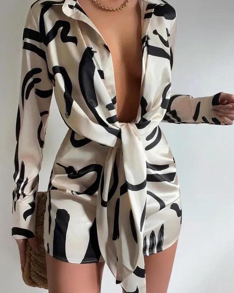 Abstact Print Tied Detail Long Sleeve Shirt Dress