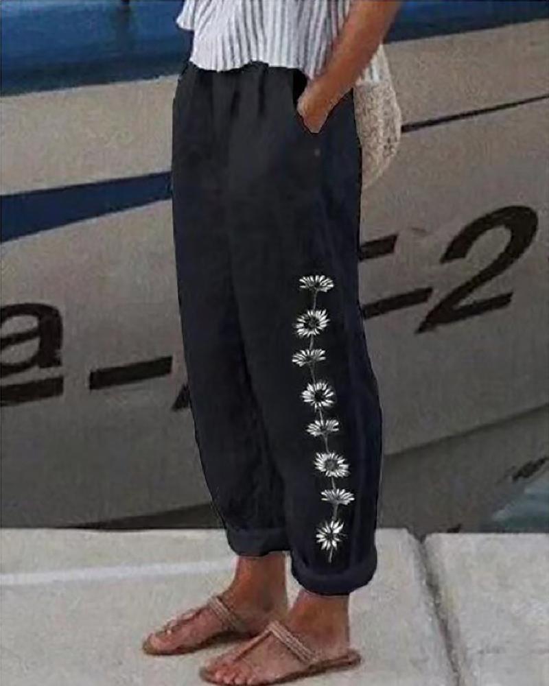 Daisy Print Pocket Design Casual Pants