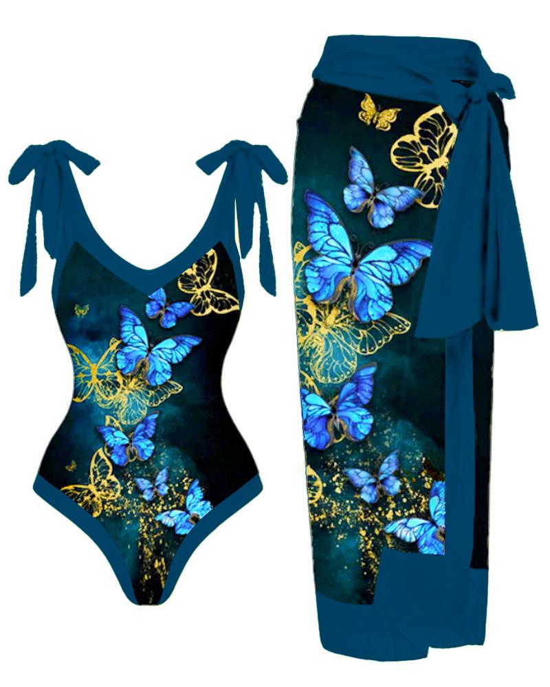 One-piece  ChicMe Butterfly Print One Piece Swimsuit With Cover Up