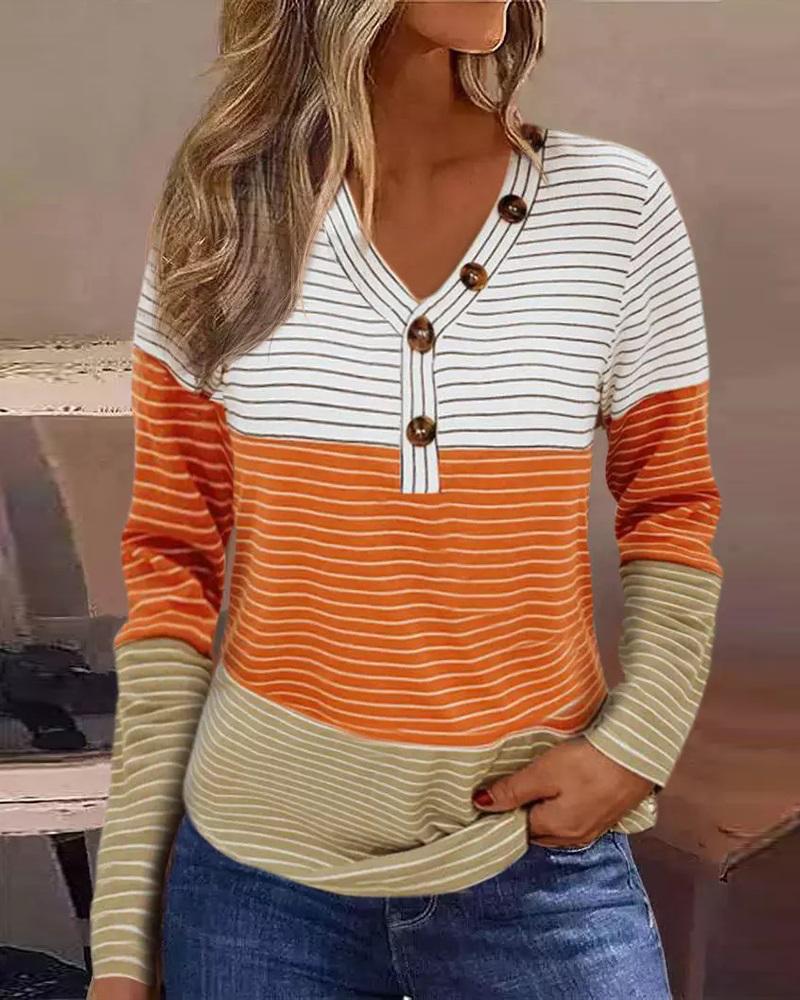 Colorblock Striped Button Decor Long Sleeve Top