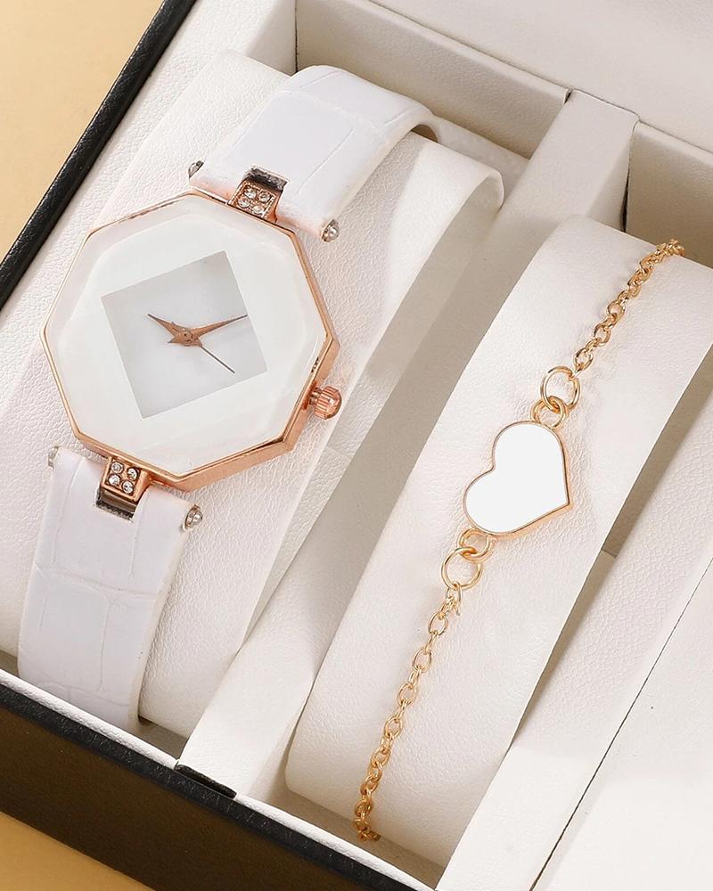 2pcs Geometric Quartz Watch & Heart Pattern Chain Bracelet Set