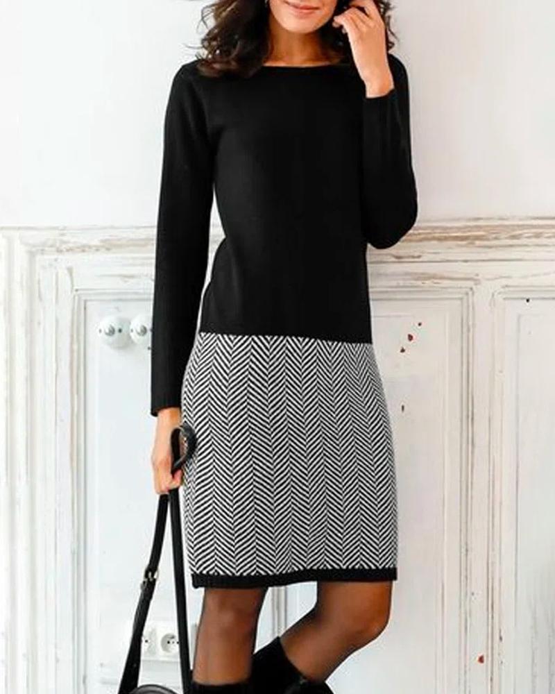 Colorblock Patchwork Long Sleeve Work Dress