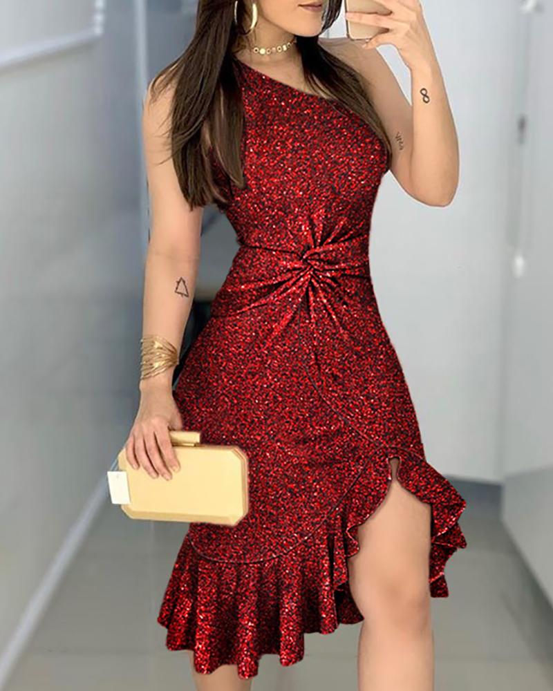Glitter One Shoulder Twisted Ruffles Party Dress