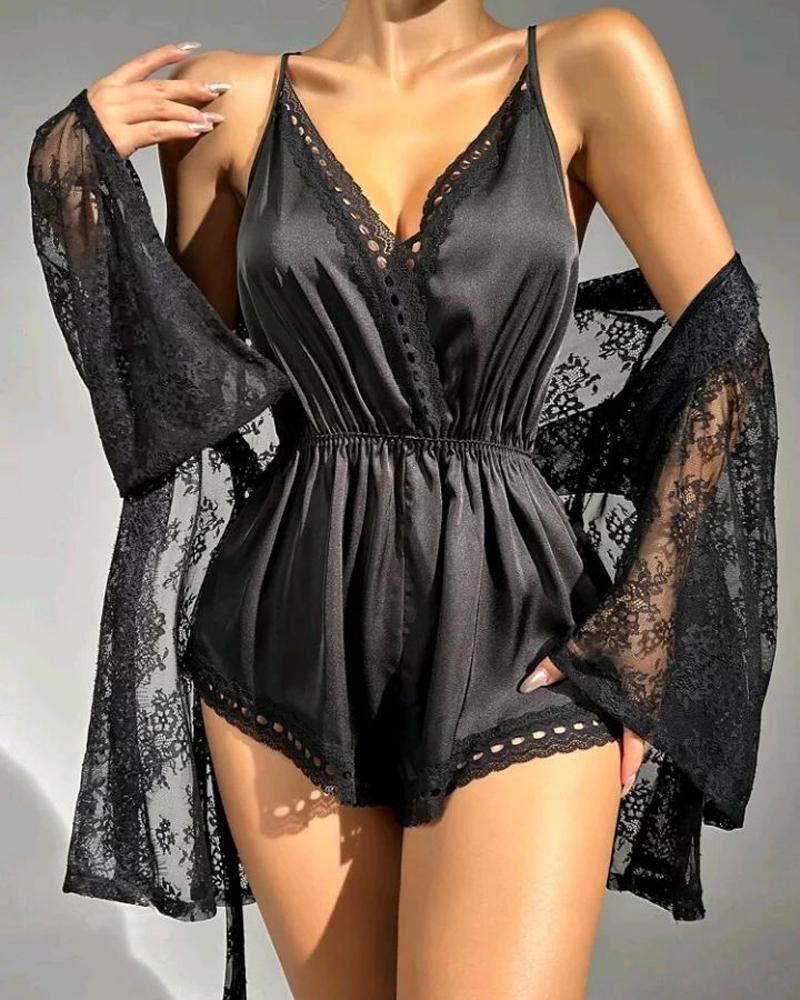   ChicMe Crisscross Backless Sleep Onesie With Lace Robe