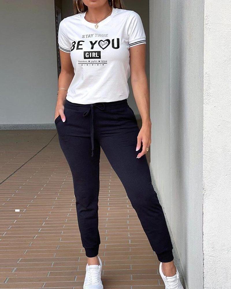 Stay True Be You Girl Print Striped Short Sleeve Top & Drawstring Pants Set