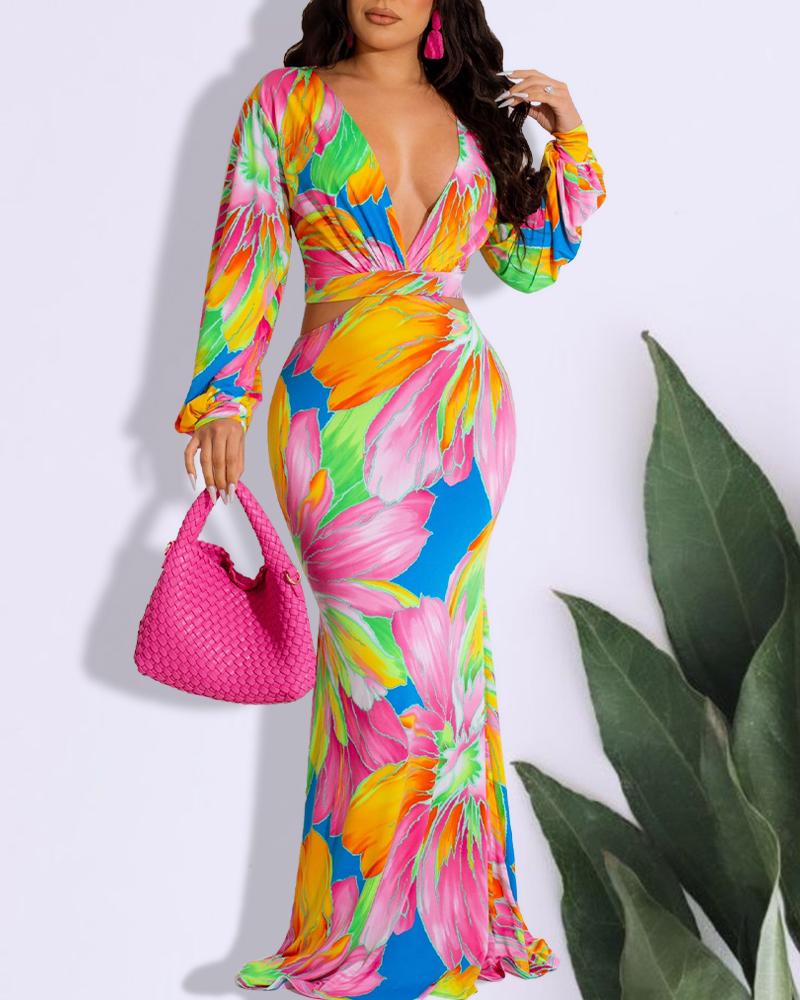 Floral Print Plunge Tied Detail Mermaid Maxi Dress