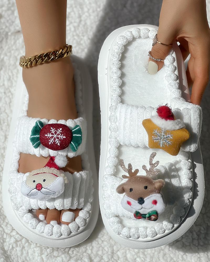 Christmas Cartoon Elk Santa Claus Pattern Fuzzy Winter Slippers