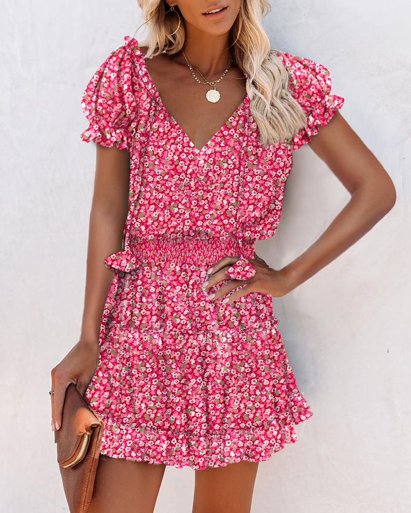 Casual Dresses Pink Ditsy Floral Print Puff Sleeve Ruffles Casual Dress