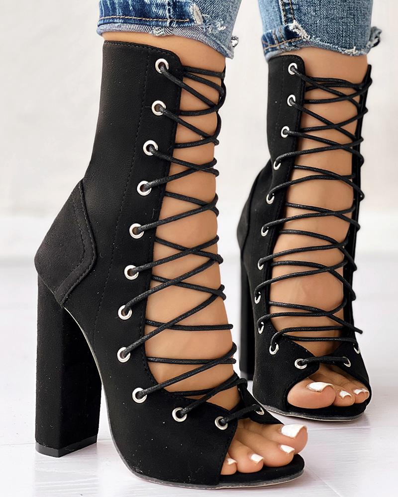 Lace-up Peep Toe Chunky Heeled Sandals