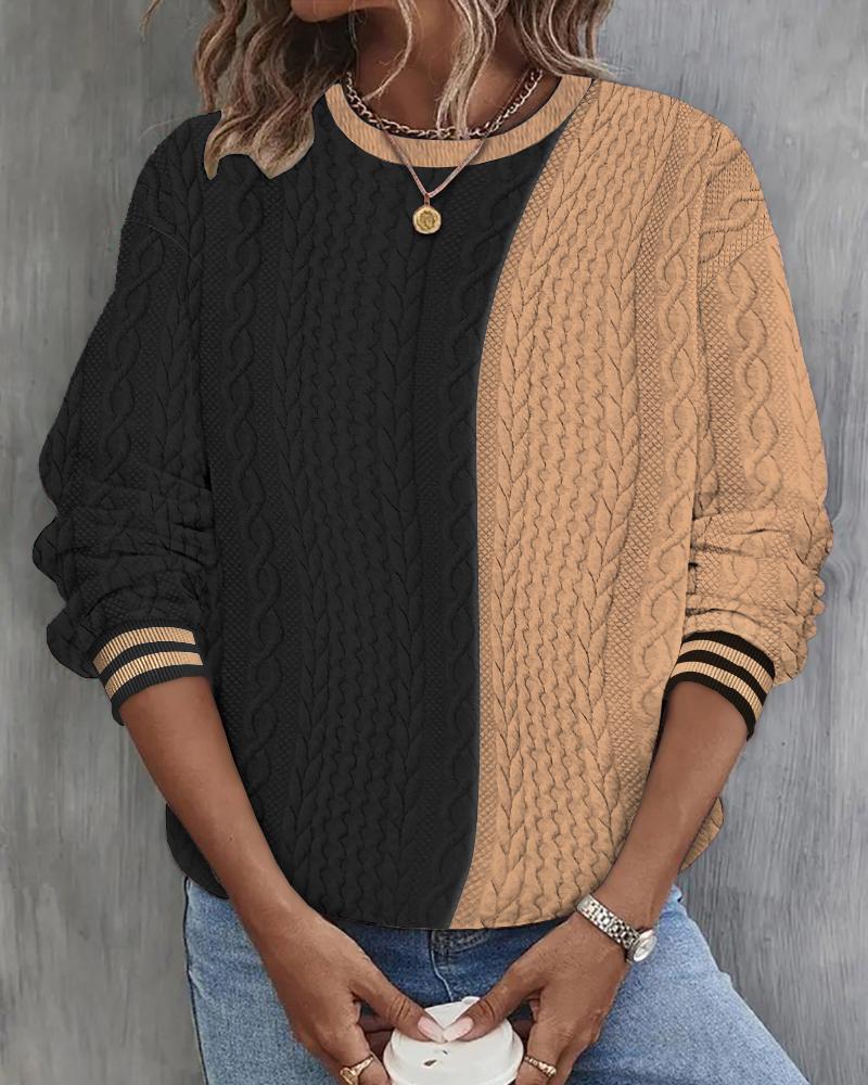 Sweats & Hoodies  ChicMe Colorblock Wheat Cable Textured Long Sleeve Sweatshirt