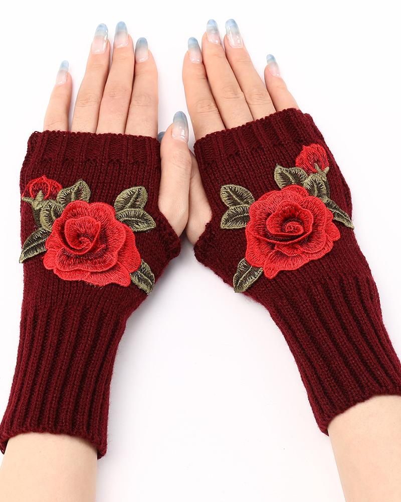 1Pair Floral Embroidery Fingerless Winter Knit Warm Gloves