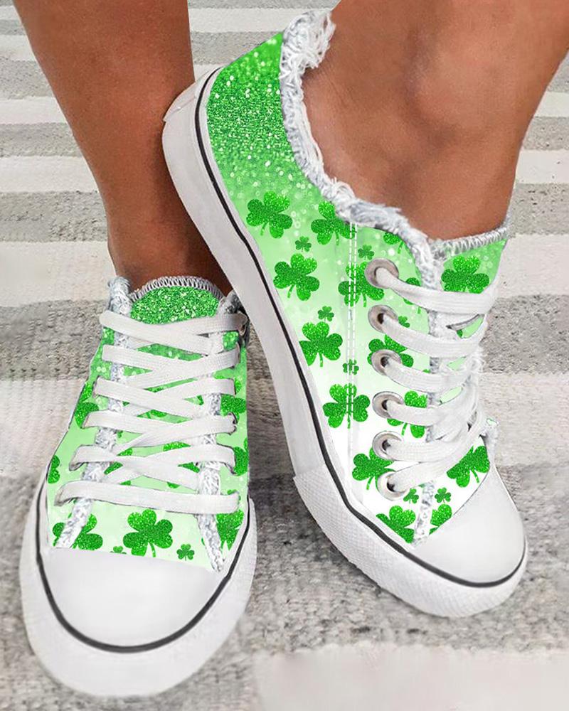 St. Patrick's Day Clover Print Ombre Fringe Hem Canvas Sneakers