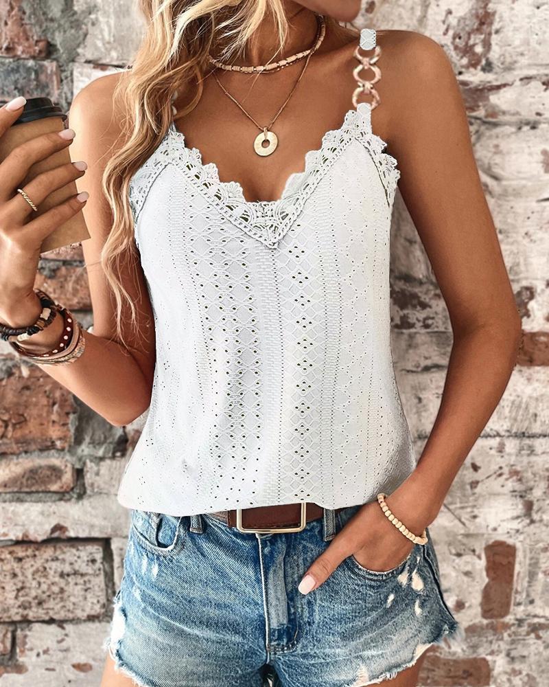 Chain Decor Eyelet Embroidery Lace Patch Tank Top