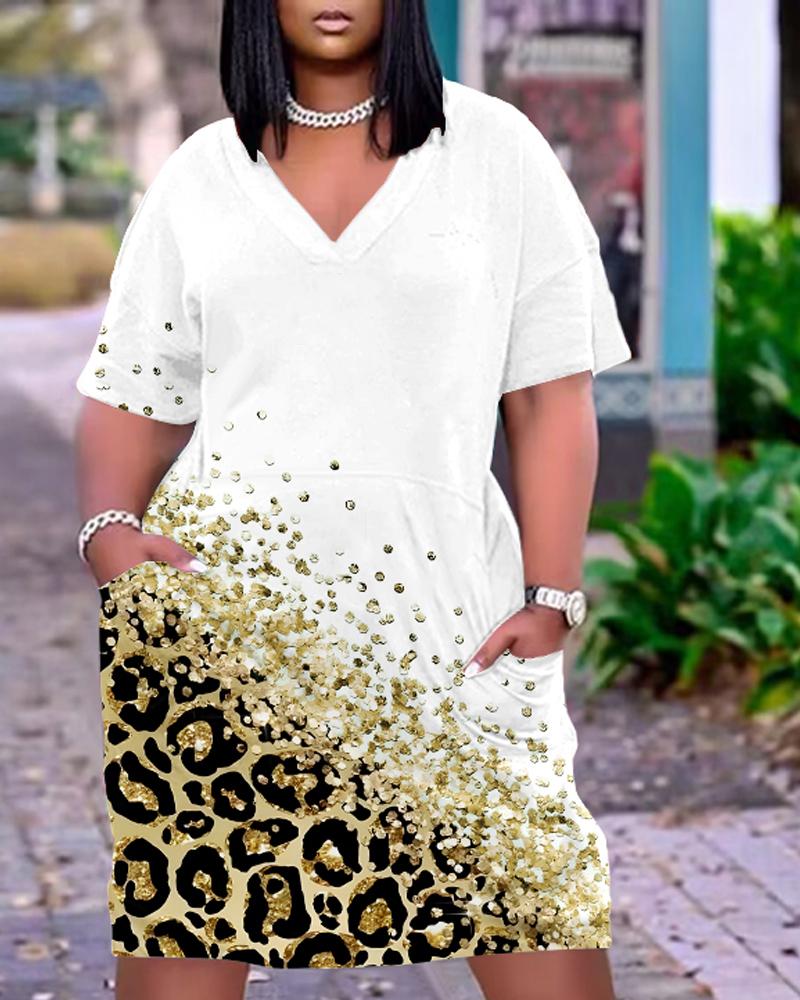 Casual Dresses Plus Size Contrast Leopard Print Pocket Design Casual Dress