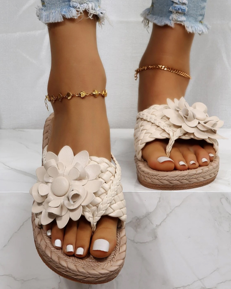 Braided Floral Pattern Toe Post Beach Flip Flops