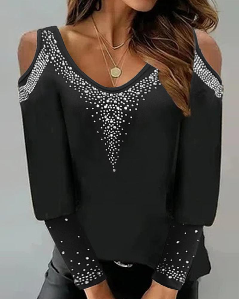 Rhinestone Decor Cold Shoulder Top
