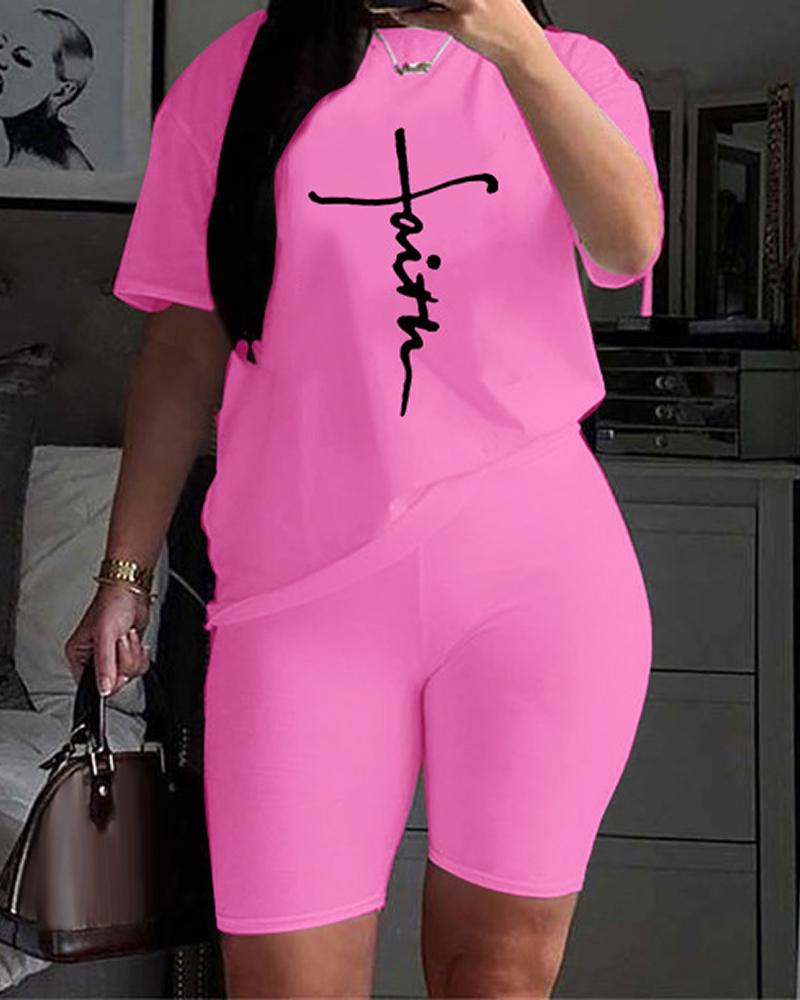 Plus Size Faith Print O Neck Top & Shorts Set