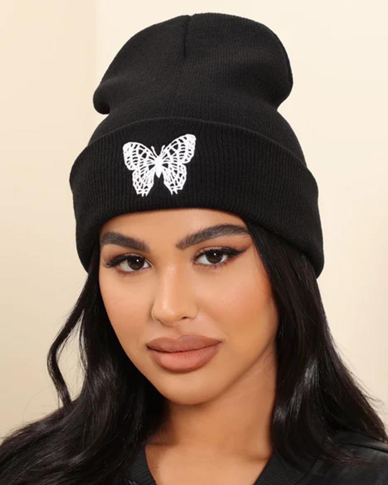 Butterfly Embroidery Thermal Knit Bennie Hat