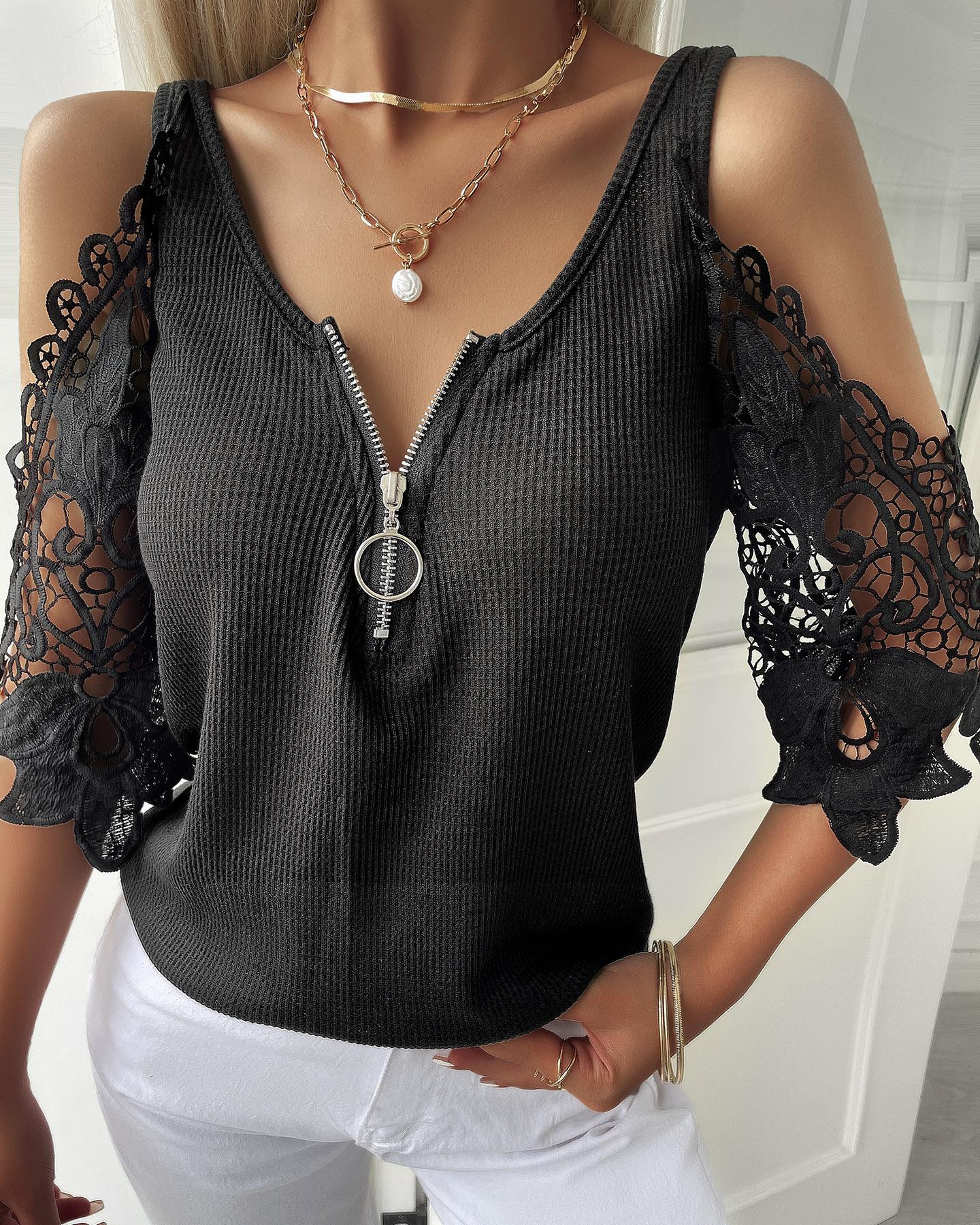 Cold Sleeve Zipper Front Lace Trim Top