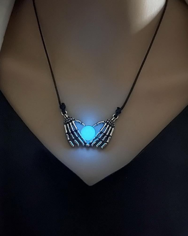 1pc Halloween Luminous Finger Heart Skeleton Hands Pendant Necklace