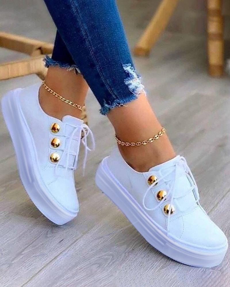 Button Decor Lace-up Sneakers