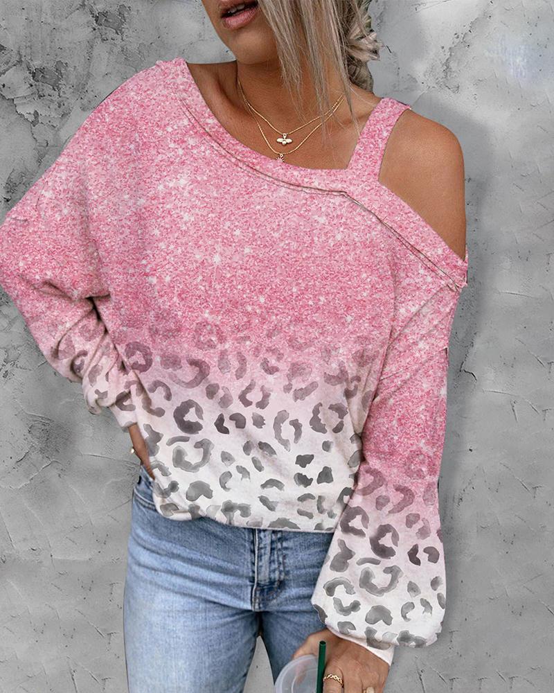 Leopard Print Ombre Cold Shoulder Sweatshirt