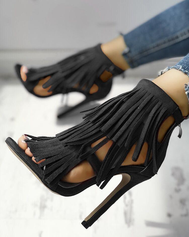 Fashion Solid Tassel High Heel Sandals