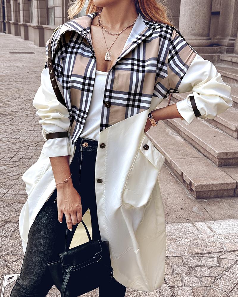 Plaid Print Button Front Longline Cargo Trench Coat